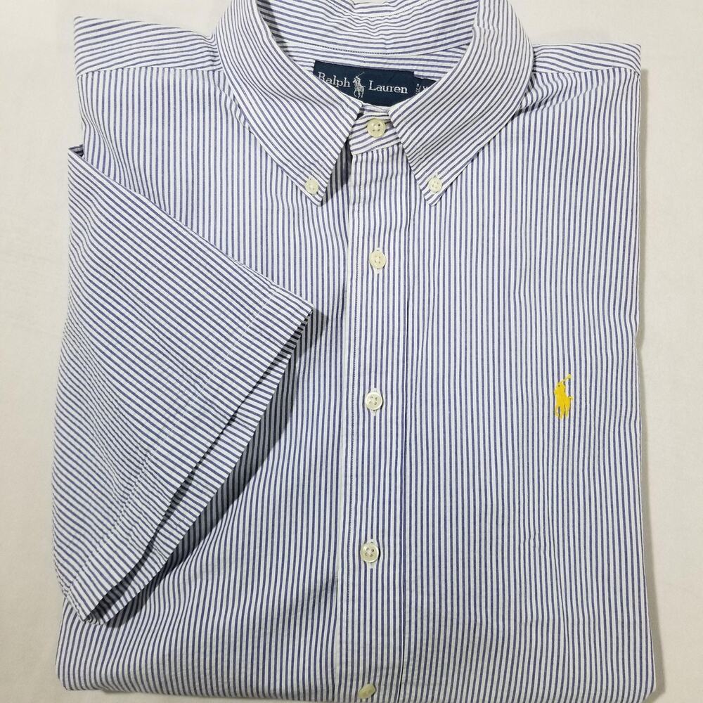 Ralph Lauren Shirt Mens 2XL Blue White Striped Seersucker Short Sleeve Polo